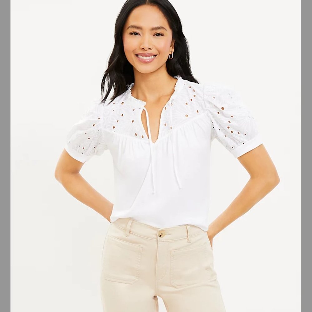 NWT LOFT Eyelet Tie Neck Puff Sleeve Mixed Media Top - Picture 1 of 8